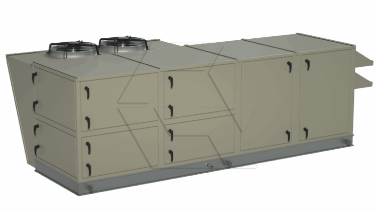A large beige industrial HVAC rooftop unit with multiple access panels and two circular fans on top, designed for commercial building heating, ventilation, and air conditioning.