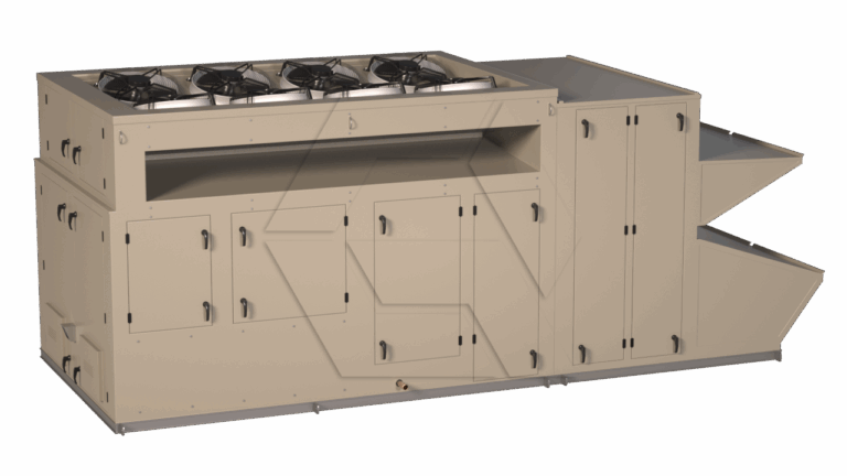 A large beige industrial HVAC rooftop unit featuring multiple access doors, panels, and four visible fans on top, designed for commercial heating, ventilation, and air conditioning.