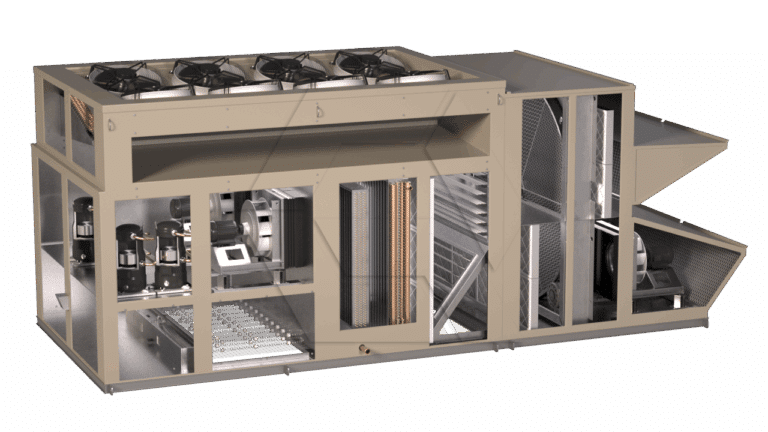 A large industrial HVAC rooftop unit with visible internal components including fans, compressors, coils, and ducts, shown in a cutaway view to display the internal mechanical parts and airflow pathways.