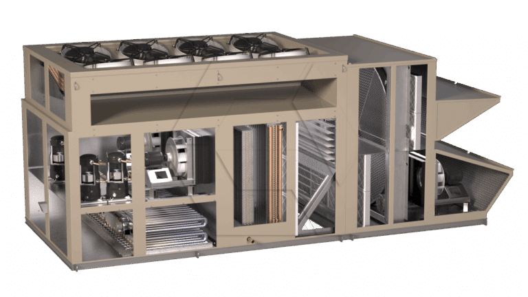 A large, industrial HVAC unit with exposed interior components, including fans, coils, compressors, and ductwork, shown in a cutaway view on a plain white background.