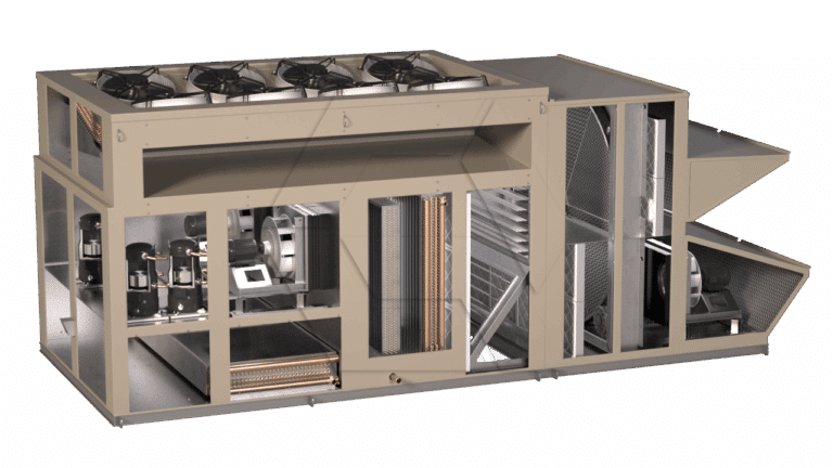 A large, industrial HVAC unit with multiple internal components visible, including fans, coils, compressors, and ducts. The unit is beige, rectangular, and shown against a plain white background.