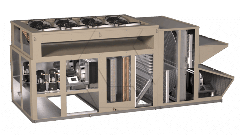 A large industrial HVAC unit with exposed internal components, including fans, coils, compressors, and ducts, shown in a cutaway view to display its inner mechanical structure.