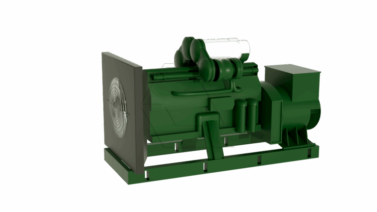 A 3D-rendered green industrial generator sits on a base with a large fan or vent on one end and cylindrical components on top, set against a plain white background.