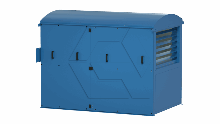 A large, rectangular blue metal enclosure with a curved top, four black handles on the side doors, and a vent with horizontal slats on one end, set against a plain white background.