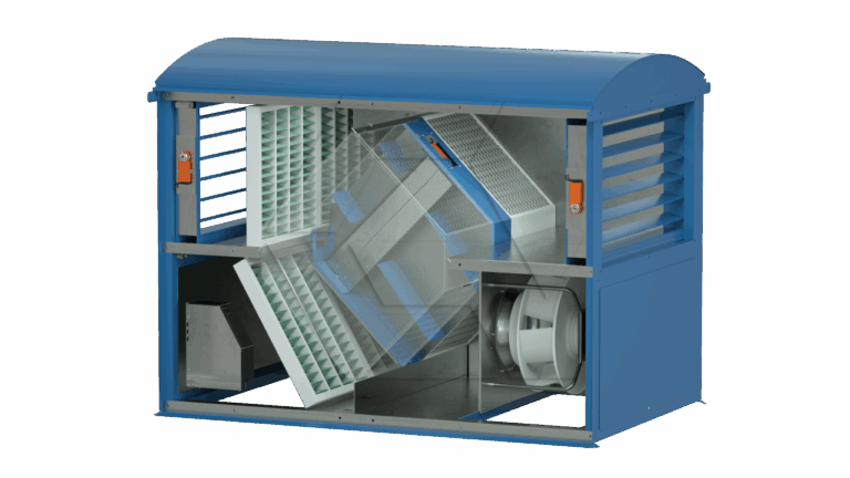 A blue industrial air handling unit with its side panel removed, revealing internal components like filters, a fan, angled panels, and ducts, used for ventilation and air filtration.