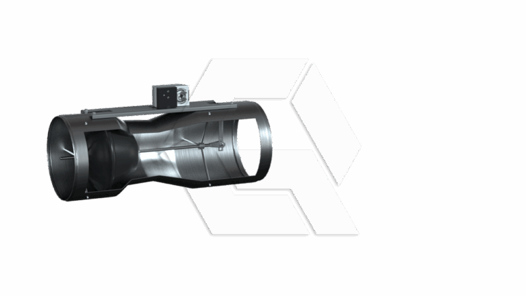 A metallic cylindrical air duct with a mounted control box, shown against a light gray background with a faint geometric logo.
