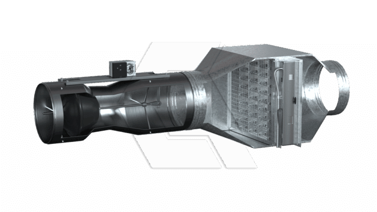 A metallic industrial air duct system with a cutaway view showing internal components, including a fan, wiring, and electronic control unit attached to the side. The background is plain white.