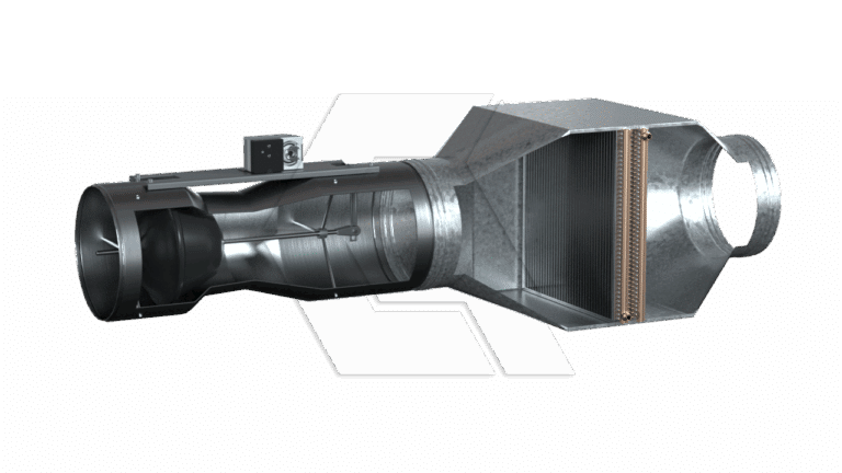 A digital rendering of a metallic HVAC duct component with a cutaway view, showing internal parts including a fan, coil, and sensor box, all set against a plain white background.