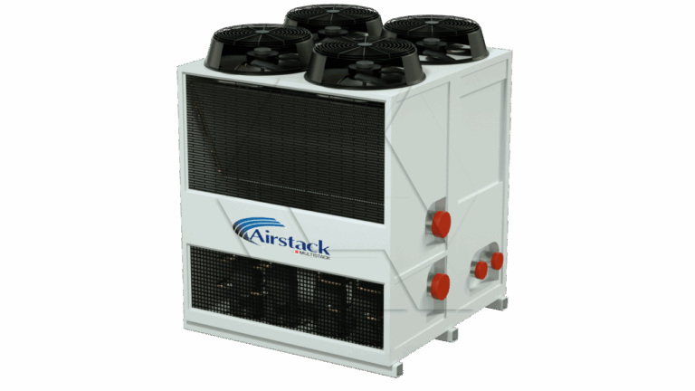 A large white industrial air cooling unit with five black fans on top, labeled "Airstack." The unit has grilles and red valve connections on the side.