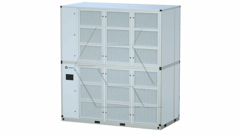 A large, rectangular industrial air purifier or HVAC unit with a grid-like front panel, white exterior, and a small black control display on the left side.