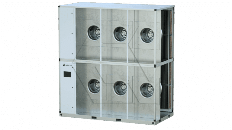 Large industrial HVAC unit with eight visible circular fans arranged in two rows, a white panel with a small screen and Vertiv logo on the left, and vertical vents on the right side.
