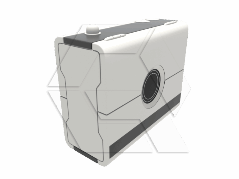 A 3D-rendered image of a rectangular, modern camera with a single lens in the center and buttons on the top, shown from an angled side view. The design is minimalistic with black and white colors.