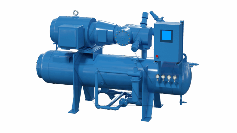 A large industrial blue machine with a cylindrical tank, control panel with display, pipes, gauges, and valves, designed for mechanical or process operations, isolated on a white background.