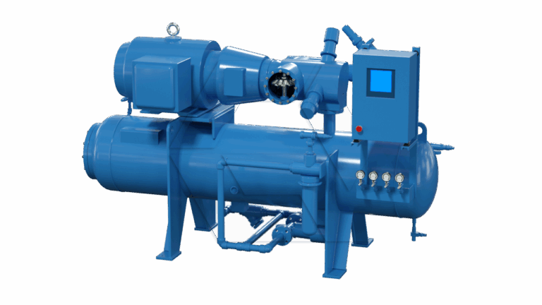 Large industrial blue compressor unit with control panel, pressure gauges, pipes, and cylindrical tanks, isolated on a white background.