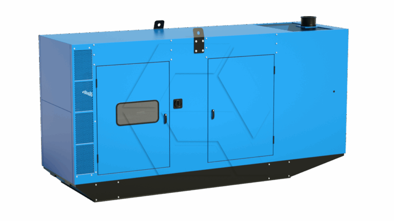 A large blue industrial generator with black base, ventilation grilles, dual access doors, and a small pipe or exhaust outlet on top.