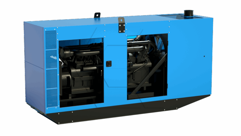 A large blue industrial diesel generator with open side panels revealing the engine and internal components. The generator is set against a plain white background.