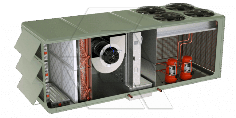 Cutaway view of a rooftop HVAC unit showing internal components, including filters, a blower fan, copper pipes, heat exchanger coils, and two red compressors. Multiple fans are visible on the top exterior.