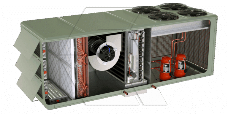 A cutaway view of a large commercial HVAC unit showing internal components, including air filters, a blower fan, copper pipes, two orange compressors, and cooling coils. Four fans are visible on the top of the unit.