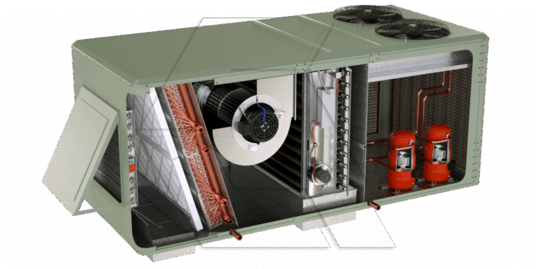 A cutaway view of a large rooftop HVAC unit shows internal components, including fans, copper coils, filters, orange compressors, and electrical wiring arranged neatly inside a metal rectangular casing.