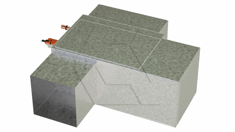 A 3D-rendered image of a metallic HVAC duct system with multiple rectangular sections and two orange electronic components attached to the top left side.