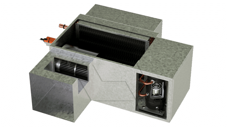 A 3D-rendered image of a central air conditioning unit, showing the internal components such as the blower fan, evaporator coil, and compressor inside a rectangular metal casing.
