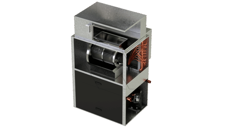 Cutaway view of a metallic HVAC unit showing internal components, including a fan, copper coils, and electrical wiring, with various compartments exposed to display the system’s inner workings.