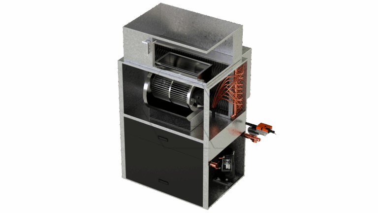 A 3D-rendered image of an HVAC air handling unit with exposed internal components, including a large fan, copper coils, wiring, and various metal enclosures on a white background.