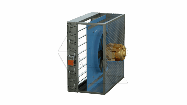 A rectangular metal ventilation fan unit with a blue circular fan blade, protective grilles, and a gold-colored motor attached to the side.