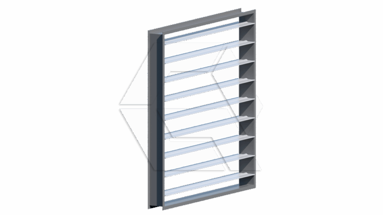 3D rendering of a rectangular metal louver with angled horizontal slats set in a frame, designed for ventilation or airflow control, shown against a plain white background.