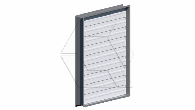 3D rendering of a rectangular metal louver with horizontal slats inside a gray frame, viewed from an angled perspective on a white background.