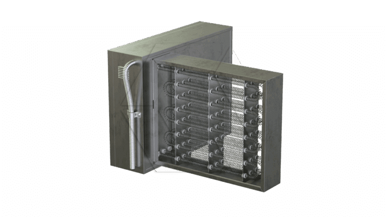 A 3D-rendered image of an industrial heating coil assembly in a metal rectangular casing, showing exposed heating elements and a flexible metal conduit on the left side.