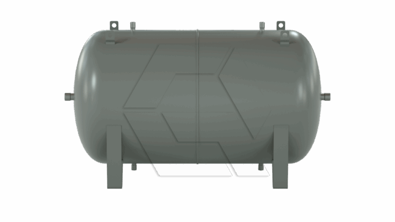 A large horizontal cylindrical metal tank with rounded ends, mounted on two sturdy legs, featuring several small nozzles and attachment points on top and sides, set against a plain white background.