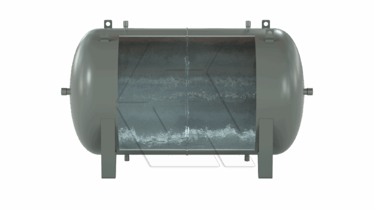 A horizontal cylindrical metal tank with rounded ends is shown cut open to reveal corrosion buildup along the inside wall. The tank rests on two sturdy rectangular supports.