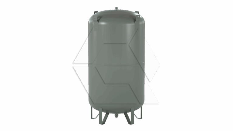 A large, cylindrical, gray industrial pressure tank with rounded top and bottom, standing vertically on multiple support legs against a plain white background.