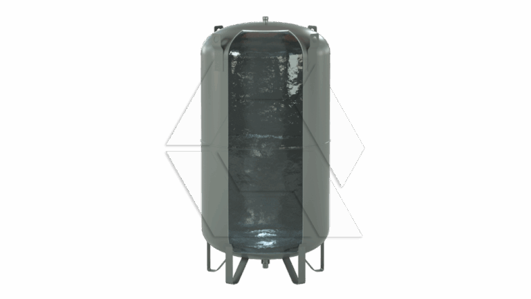 A large, cylindrical metal tank is shown with a cutaway revealing water inside. The tank stands upright on legs and has an open top, displaying the water's surface.