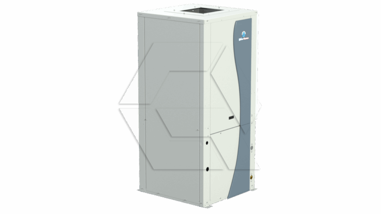 Large, rectangular HVAC unit with a white and gray exterior, standing upright on a plain white background. The unit has paneling, vents, and a small logo on the upper front corner.