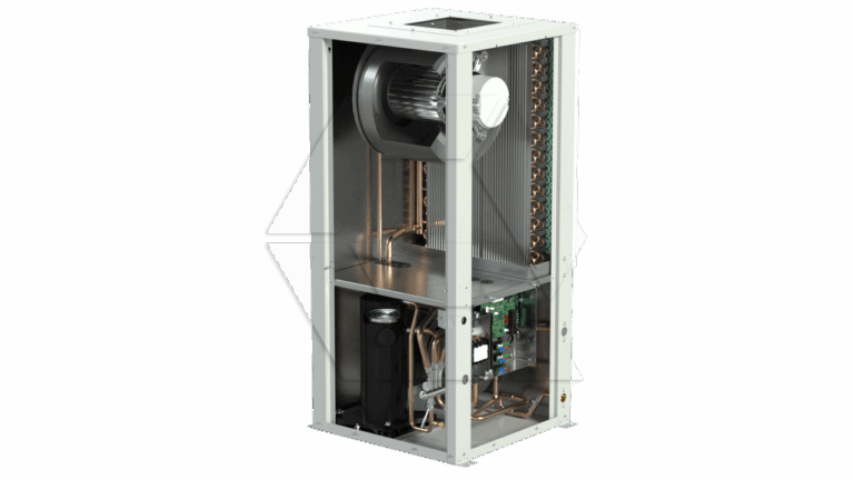 A vertical HVAC unit with its outer casing partially removed, revealing internal components such as a fan, copper piping, coils, a compressor, and electronic circuit board. The background is plain white.