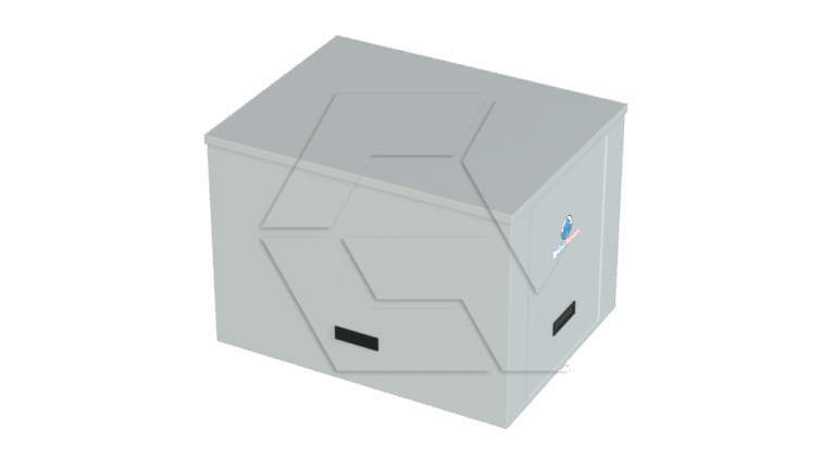 A gray, rectangular metal box with a flat lid and two black handles on the sides, shown against a plain white background. There is a small blue and red logo on the front panel.