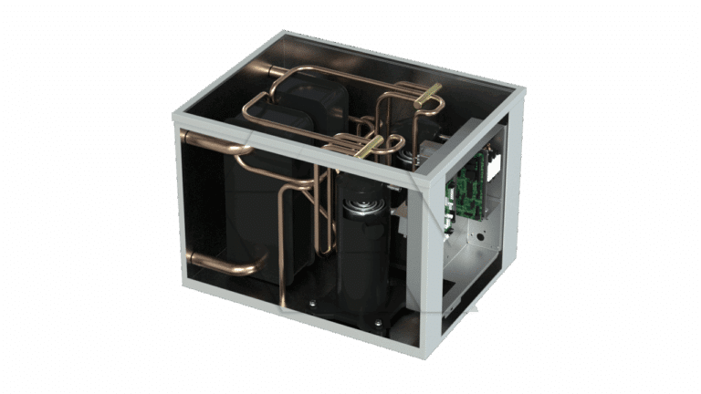 A cutaway view of a metal box showing internal components, including two black cylindrical parts, copper pipes, and a green circuit board mounted on the side.