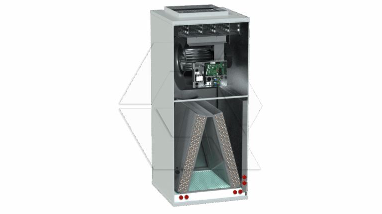 A cutaway view of an air purifier reveals an internal fan, electronic circuit board, and a V-shaped filter with a grid of LEDs, showing the device’s inner components and filtration system.