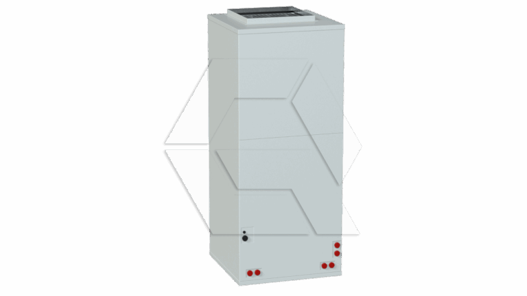 A tall, rectangular, white metal cabinet with a vented top and several red and black ports near the base, standing against a plain white background.