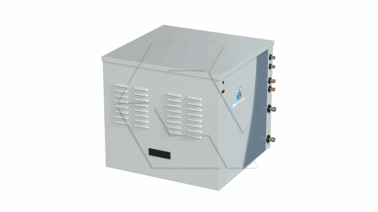 A gray industrial HVAC unit with vented panels and several pipe connections on one side, set against a plain white background.