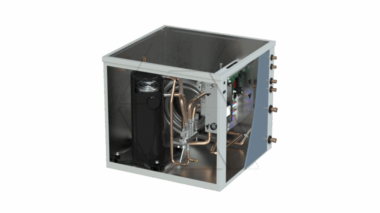A cutaway view of a metal HVAC unit shows internal components, including coiled copper pipes, a black cylindrical compressor, and attached circuit boards, with connections on the right side.