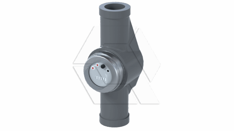 A digital water meter attached to a horizontal pipe, displaying a numeric meter and indicator lights on its round, metallic face. The background is plain and light-colored.