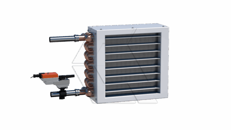 A metal finned coil heat exchanger with copper pipes, a valve, and an electronic actuator attached, set against a plain white background.