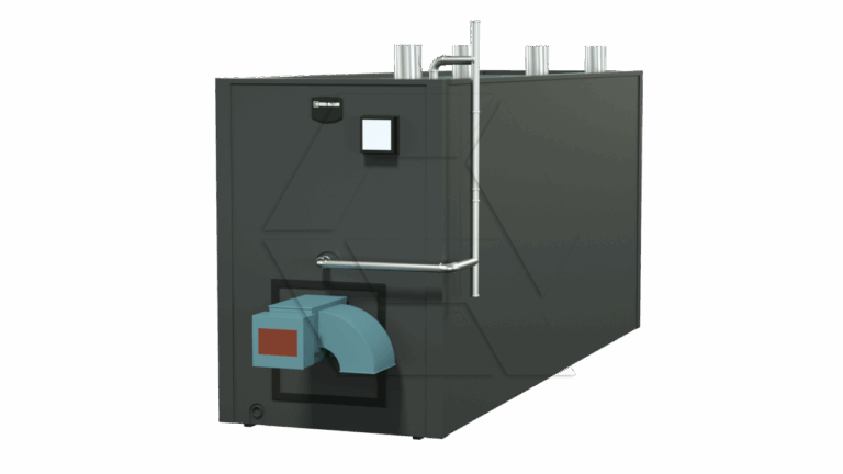 A large, rectangular industrial boiler with a black exterior, a blue front component, metal piping, and several exhaust vents on top, set against a plain white background.