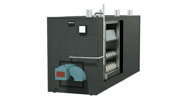A large industrial boiler with a black rectangular body, a blue blower fan on the front, multiple metal pipes on top, and a side panel revealing stacked metal heating elements inside.
