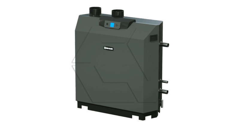 A gray, rectangular industrial boiler unit with two circular vents on top, a blue digital display, and several pipe connections on the side, set against a plain white background.