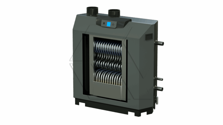 A gray industrial boiler with exposed coiled metal tubes inside, two round vents on top, control panel, and three pipe connections on the side, set against a plain white background.