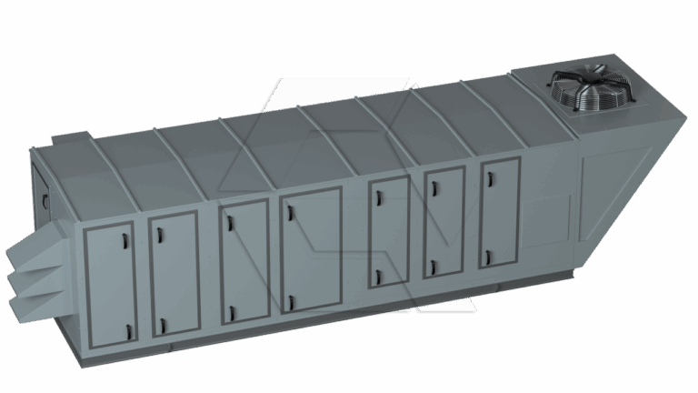 A large, rectangular industrial HVAC unit with multiple access panels, vents on one end, and a round fan on top of the opposite end, all housed in a gray metal casing.